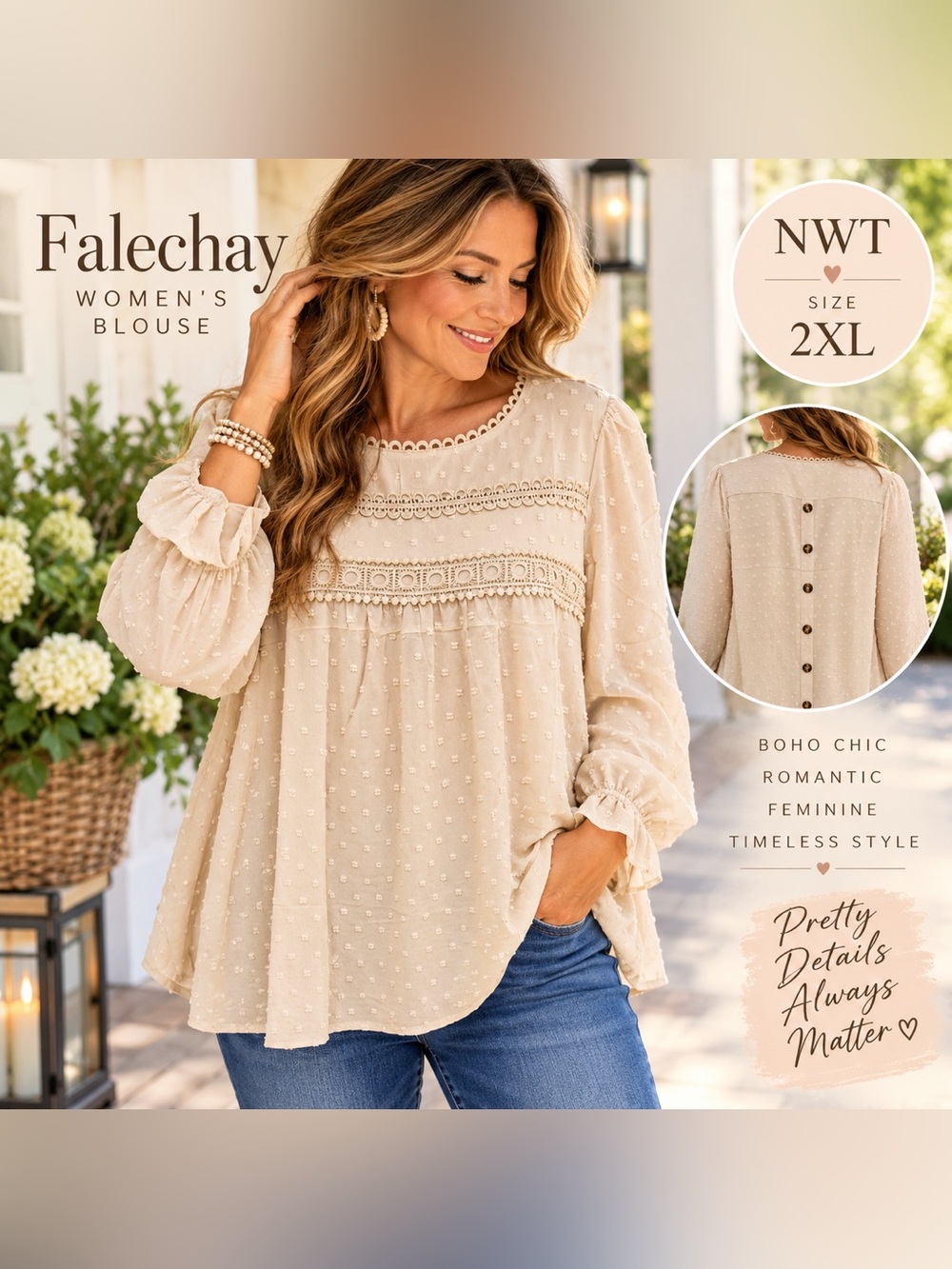 NWT Falechay 2XL Cream Swiss Dot Crochet Boho Blouse Button Back Cottagecore NEW